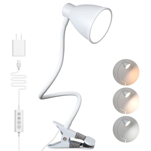BOHON Clamp Lamp Reading Light 5 Color Modes 10 Brightness Dimmer Bedside Lamp 10W 38 LED Desk Lamp with Auto Off Timer 360° Flexible Gooseneck Clip on Light for Bed Office, Adapter Include, White