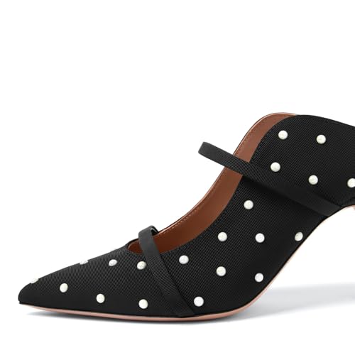 anteikira Women's Fashion Pointed Toe Stiletto Heel Faux Pearl Pumps Slip On Double Strap Backless High Heels for Women2