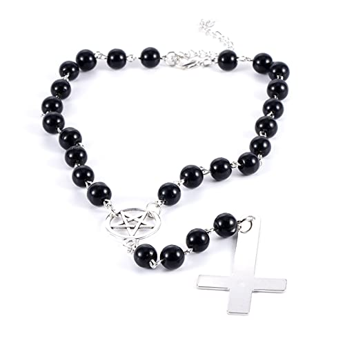Foessd Upside Down Cross Necklace - Goth Bead Rosary Cross Choker Pentagram Faith Amulet Protection Lucky Necklaces Jewelry Graduation Christian Party Gifts For Mother Girls Women #TOP5