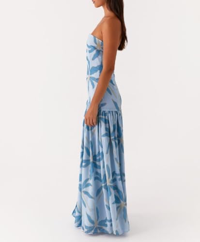 Image of Women Floral Strapless Maxi Dress Y2K Bodycon Tube Long Dresses Sexy Party Formal Cocktail Beach Slit Dress