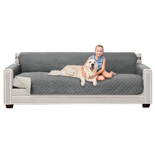 Sofa Shield Couch Slip Cover with Patented Strap, Cushion Protector, US Designed Reversible Stain and Dog Tear Resistant Slipcover, 88 inch Seat, Washable Covers for Dogs Pets, Charcoal Linen