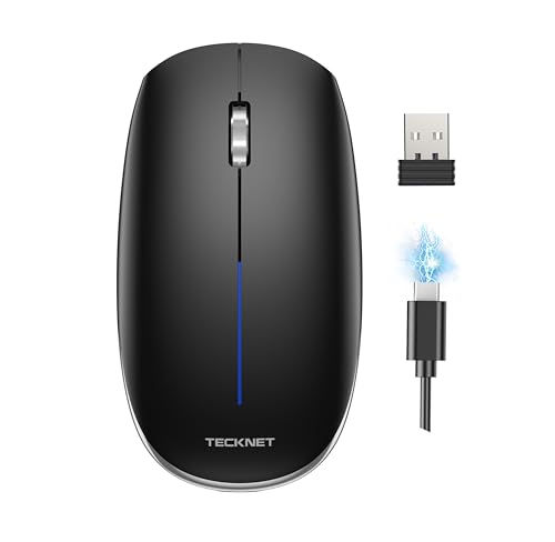 TECKNET Bluetooth Maus Kabellos Wiederaufladbar (2.4G USB+BT) - 600/1200/1600/4000 DPI Einstellbare, Leise Funkmaus mit Metallrolle für Laptop, PC, Tablet, Ipad, Mac, Computer, iOS, Android, Windows