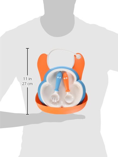 Baby Feeding Set - Orange Soft Bib, Turquoise Plate, Orange Spoon And Turquoise Fork #TOP6
