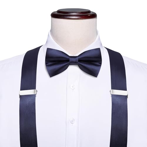 Image of Hi-Tie Men Suspender Bowtie Set Suspenders Pre-tied Bow Tie Pocket Square Cufflinks Adjustable Y Shape 6 Clips Braces Tuxedo