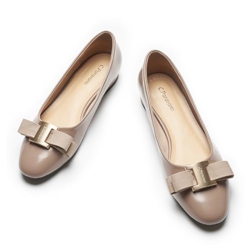 C.Paravano Women's Ballet Flats with Round Toe | Bow & Metallic Buckle | Soft Leather Slip-Ons for Work Commute, Office & Date Nights | Dress Shoes for Brunch, Shopping & Errands(7.5,Milk Tea)