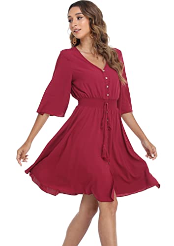 Image of VintageClothing Women's Floral Sundresses Flowy Boho Summer Beach Dress | Lightweight Breathable material,Elegant V Neck and Button Front Design,Flared Bell Sleeve Cut,Mini Casual dress