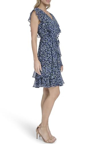 Image of Tommy Hilfiger Women's Sleeveless V-Neck Ruffle Trim Tie Waist Chiffon Mini Dress