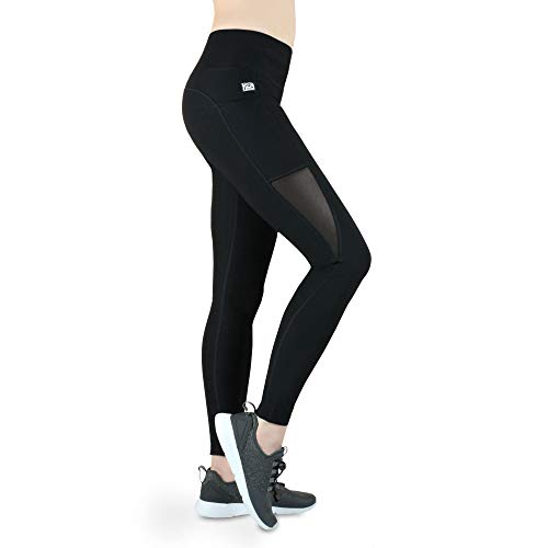 Legging de Sport Long avec empiècement en Maille Filet et Poches Pantalon de Course pour Femme Opaque Fitness Tech Mesh Pocket Taille Haute Tummy Smartphone Téléphone Portable en Maille Filet Noir XS