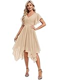 DDKoin V Neck Champagne Short Bridesmaid Dresses for Women Flutter Sleeves Ruched Chiffon A Line Wedding Guest Dress with Pockets Size 12