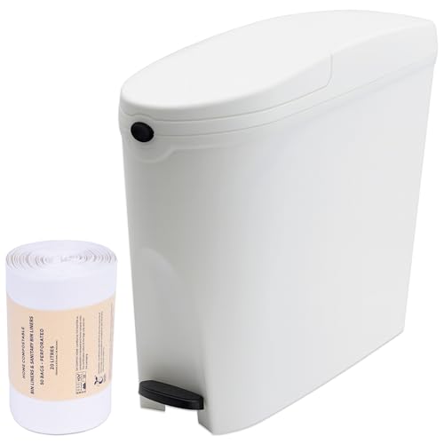 Pro Washroom Sanitary Bin 20L & 50 Bin Liners - Slimline Washrooms Toilets Hygienic Disposal Pedal Container Bins for Female Ladies and Baby Hygiene Products - 20 litres White