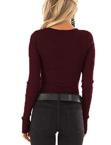 Tobrief Women's Henley Shirts Long Sleeve V Neck Ribbed Button Down Knit Sweater Fitted Tops2