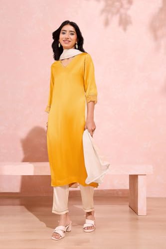 Image of Taneira Women Dark Yellow Viscose Embroidered Kurta Set