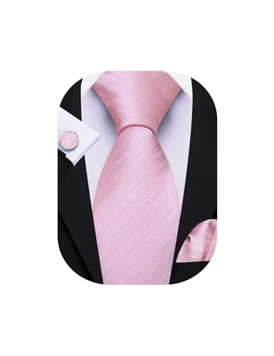 Image of Barry.Wang Solid Striped Tie for Men Silk Necktie Pocket Square Cufflinks Formal Wedding Party Business