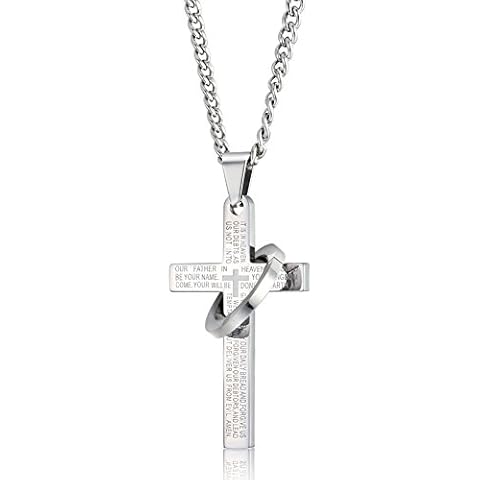 sailimue Stainless Steel Cross Necklace for Men Women Chain Necklace Lords Prayer Pendant,24 inches,Silver-Tone Cover