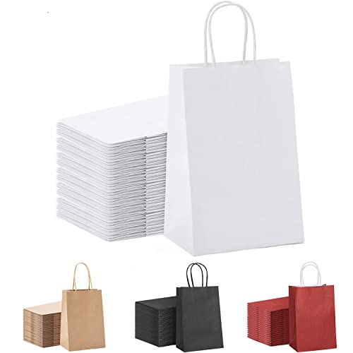 GSSUSA 50 Pcs White Kraft Paper Bags 5.25x3.25x8, Small Paper Bags with Handles for Shopping, Gift, Merchandise, Retail, Party Favor, Wedding, Gift Bags, Bags for Small Business, Boutique
