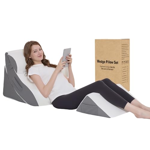 Ziixmile Wedge Pillow Set for After Surgery 4PCS Orthopedic Bed Wedge Pillows for Sleeping Adjustable Memory Foam Triangle Support for Back Pain Relief Acid Reflux & Recovery (Grey)