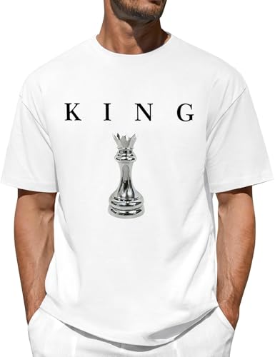 Lonya T-Shirt Homme Ete Oversized Coton Tee Shirt à Manches Courtes Col Rond Décontracté King Impression Lettrage Coupe Ample Streetwear Casual Tops, Blanc, L