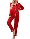 Ekouaer Women's Classic Button Down Long Satin Silk Pajama Set,Large,Red