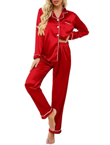 Ekouaer Women's Classic Button Down Long Satin Silk Pajama Set,X-Large,Red