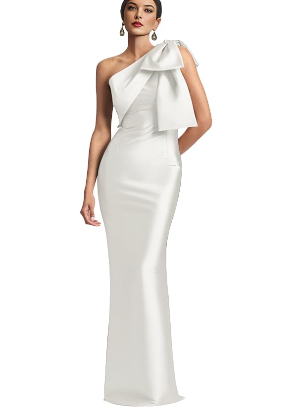 Image of IIF One Shoulder Bow Prom Dress for Women Mermaid Satin Formal Dresses Long Bodycon Evening Cocktail Gowns IIF043