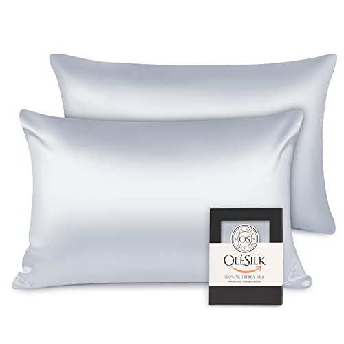 OLESILK Taie d'oreiller en Soie Naturelle de mûrier 16 Mommes: Prend Soin de Votre Peau et Moins de Perte de Cheveux - Grise argentée, 50x75cm, 2 Pièces