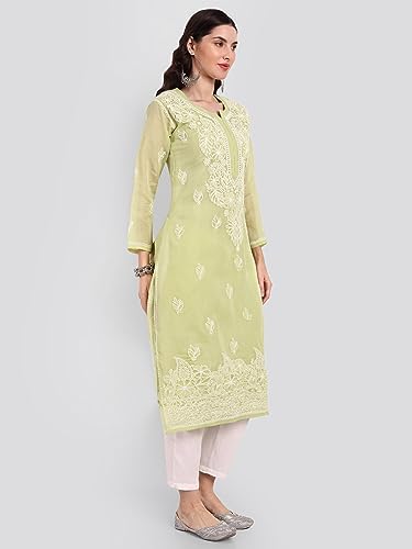 Image of Seva Chikan Hand Embroidered Lucknowi Chikankari Cotton Kurta Kurti for Women SCL4316