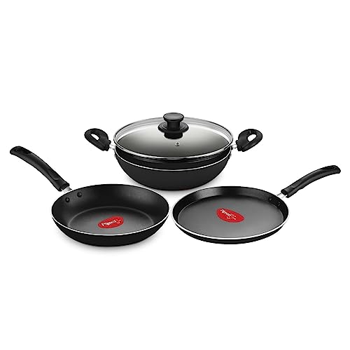 Pigeon Basics Induction Base Non Stick Aluminium Cookware Set, Including Flat Tawa, Kadai with Glass Lid, and Frying Pan (Black)