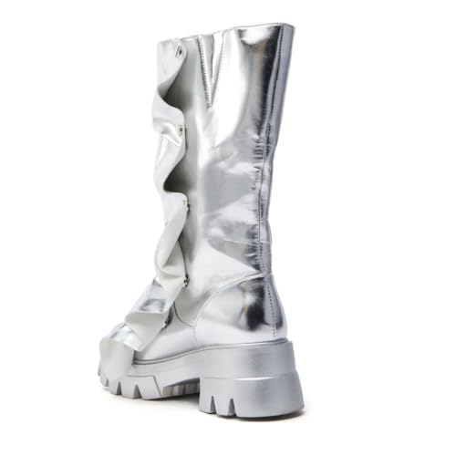 Women's Shin Metallic Fashion Buttons Long Boots Ladies Unique Wrinkled Chunky Sole Trendy High Boots4