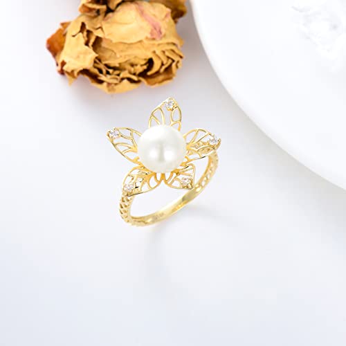 14K Solid Gold Flower Ring for Women,Yellow Gold 9MM Freshwater Pearl Engagement Ring/Wedding Band/Wedding Anniversary Birthday Gifts for Her Size 5-114