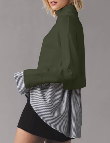 Image of Turtleneck Asymmetrical Sweaters for Women Patchwork 2 in 1 Pullover Knit Sweater Slit Button Down Shirt 2026 Fall