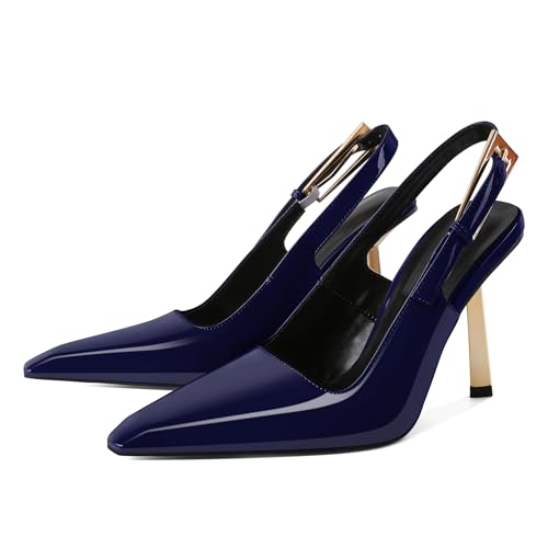 Eldof Slingback Heels for Women Metallic Buckle Square Toe Slip On Gold Stilettos High Heel Pumps Shoes Dressy 4 Inches