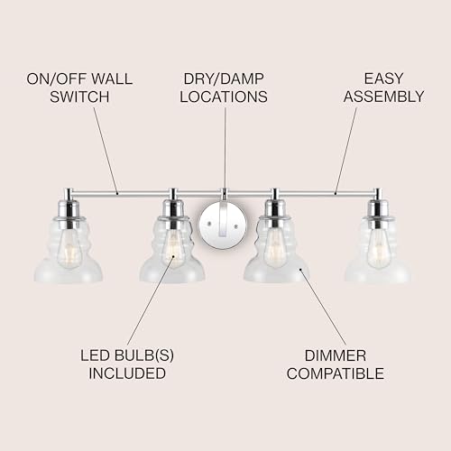Image of JONATHAN Y 35.5 inch Chrome Modern Industrial Rustic 4-Light LED Vanity Light with Clear Glass Shade, Vintage Wall Sconce for Bathroom Kitchen Hallway, LED Bulb Included (JYL3547B)