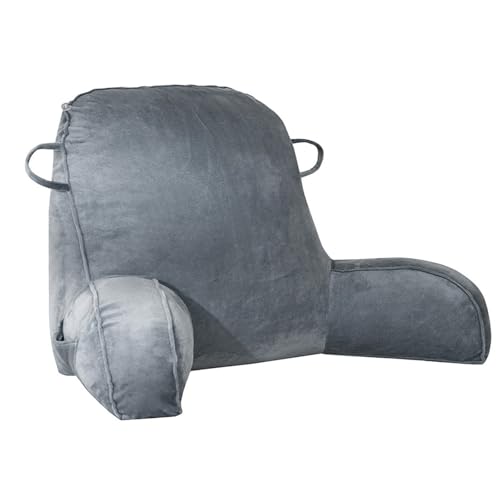 GKXLH Almohada de lectura de terciopelo para sentarse en la cama para niños y adultos, almohada de espalda para niños, almohada de espalda de doble asa, con brazo y bolsillo y funda lavable (gris)