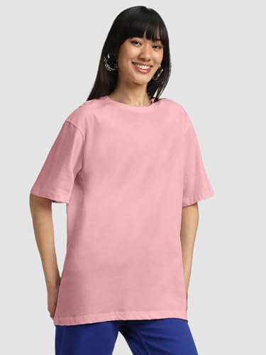 Image of JUNEBERRY Pure Cotton Oversized Baggy Fit Half Sleeve Drop Shoulder Plain Solid Round Neck T-Shirt for Women (Available in Black, White, Lilac, Cork, Maroon, Royal Blue, Swan White, Soap Nut Colors)