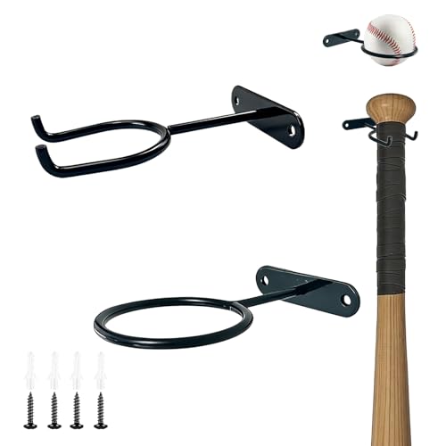 Baseball Bat and Ball Display Wall Mount Set Metal Bat Holder and Wall Ball Holder for Baseball Storage and Memorabilia Display (Black One Set)