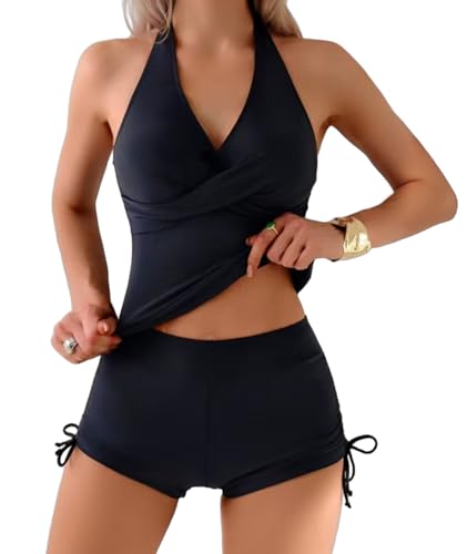 Tankini Swimsuits for Women Tummy Control Two Piece Bathing Suits Adjustable Drawstring Shorts Crisscross Swimsuit