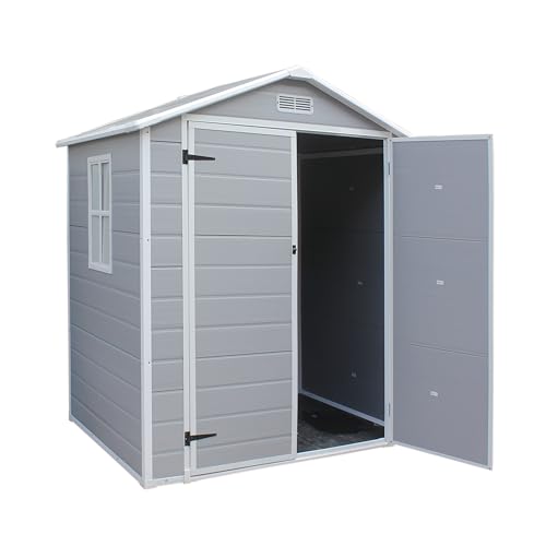 Outdoor Garden Storage Shed Grey Plastic Shed With Window Ventilation Lockable Doors Floor for Tool Storage L71xW49xH82inch