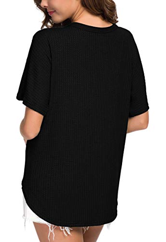 IWOLLENCE Women's Waffle Knit Tunic Blouse Tie Knot Short Sleeve Henley Tops Loose Fitting Bat Wing Shirts4