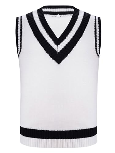 Aislor Boys Girls Jumper Kids Striped Trim Knit Vest School Uniform Sleeveless Sweater Pullover Waistcoat Knitwear White 9-10 Years