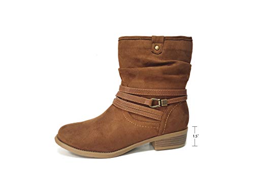 VJH Confort Women's Mid Calf Round Toe Low Heel Slouchy Bootie with Zipper Buckle