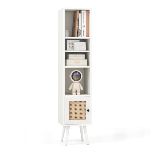 GOPLUS Armario de Almacenmaiento Estrecho, Gabinete Alto Multiusos con 4 Estantes, Compartimento Cerrado, Puerta de Ratán, Estante Ajustable, Mueble Columna de Baño de Suelo (Blanco)