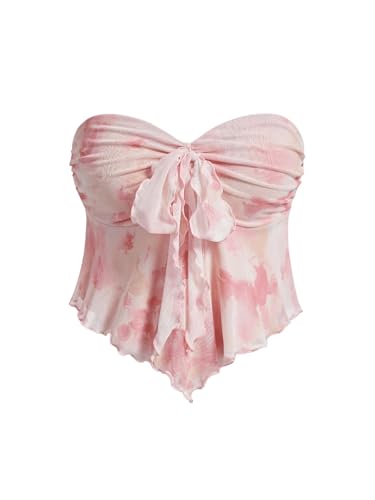 Floerns Girl's Tie Dye Sleeveless Bandeau Mesh Bowknot Hanky Hem Boho Tube Top