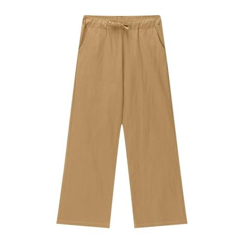 Girls Loose Straight Leg Pants Elastic High Waist Solid Color 𝗙lowy Summer Casual Wide Leg Pants with Pockets