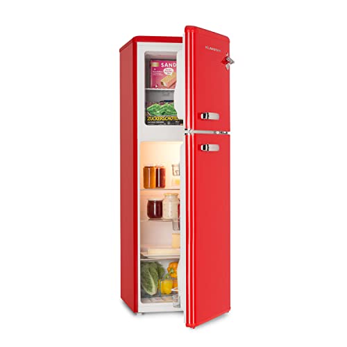 KLARSTEIN Audrey Retro - Réfrigérateur combiné, Frigo réfrigérateur 97 L, Congélateur 39 L, Puissance frigorifique réglable en continu, Eclairage intérieur, 41 dB - Rouge
