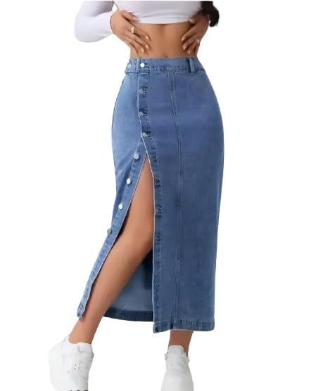 Denim Maxi Skirt with Side Slit, Blue, Button Detail, Long Length, Casual Style