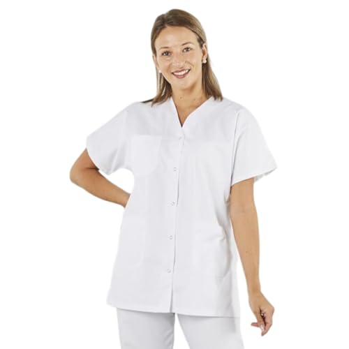 Hurry Jump - Hurry Jump Blouse de Travail Femme Confortable, Unisexe, pour Les Professionnels du Médical et Paramédical, Blouse Médicale Manches Courtes Col V avec Boutons, 3 Poches, Blanc, 44