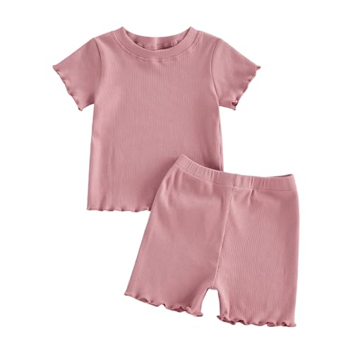 Image of Kupretty Toddler Baby Girl Summer Clothes Ruffle Ribbed Knit Short Sleeves T-Shirt Tee Tops + Shorts Cute Outfits Set
