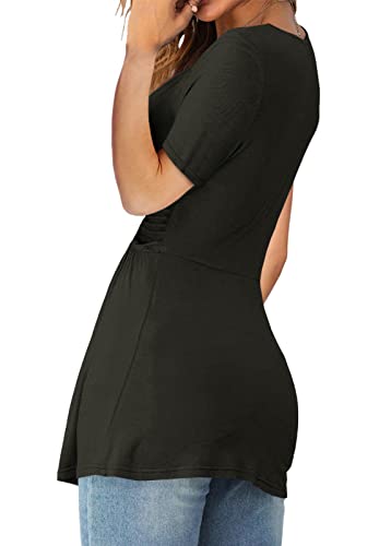 Image of Tankaneo Womens Front Knotted V-Neck Blouse T Shirt Short Sleeve Oversized Tunic Tops Summer Solid Pullover Tees