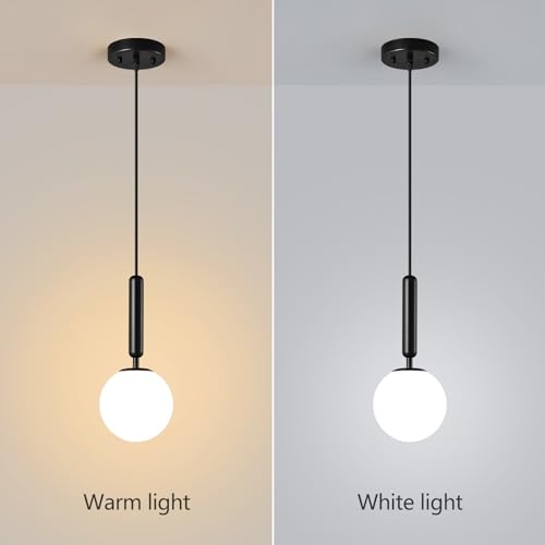 Image of Modern Hanging Light Fixture Pendant Lighting for Kitchen Island Mid Century Black Pendant Lights with Globe Milky White Glass Pendant Light for Bedroom Bathroom Entryway (1 Pack)