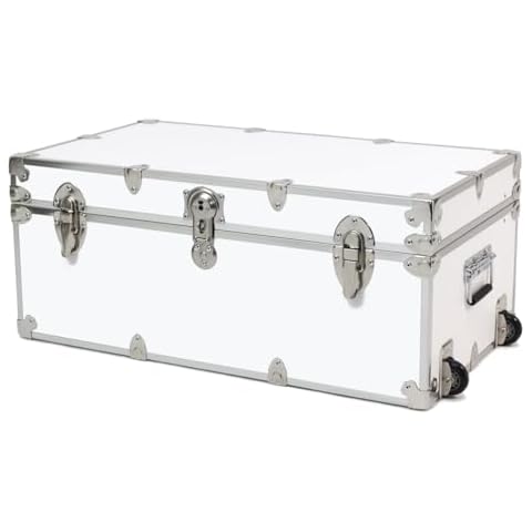 Rhino Trunk & Case Small Essential College Trunk with Wheels - Secure Dorm Storage Chest - Ideal Footlocker for Students - Strong Trunks with 1000+ Pound Sitting Capacity 30"x17"x13" (White) Cover